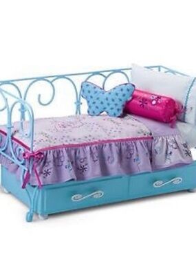 American Girl curlique daybed with bedding (plus chair and table)